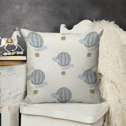 Blue Vintage Hot Air Balloon Linen Throw Pillow Cover