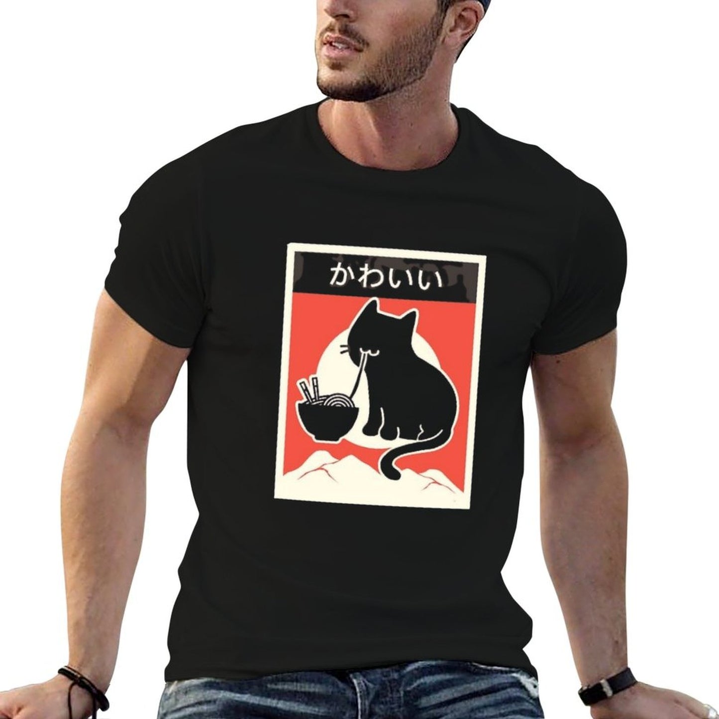 Kawaii Vintage Style Japenese Ramen Cat  Eco-friendly Material T-Shirt