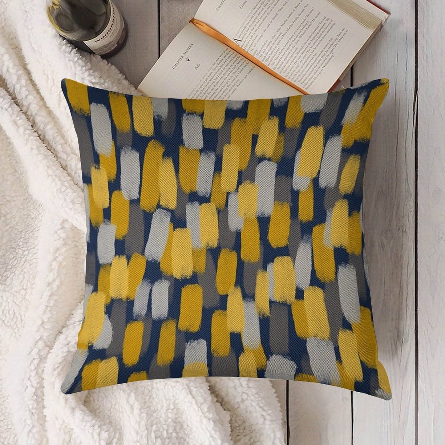 Abstract Grey And Mustard Yellow Paint Brush Effect on Navy Blue Linen Throw Pillow Cover