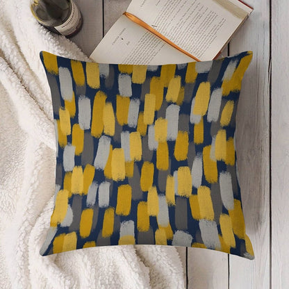Abstract Grey And Mustard Yellow Paint Brush Effect on Navy Blue Linen Throw Pillow Cover