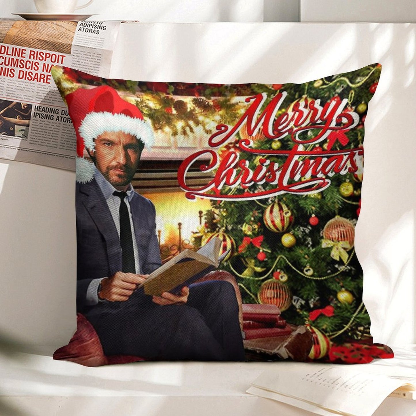 Die Hard Hans Gruber Merry Christmas Linen Throw Pillow Cover