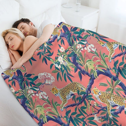 Leopards in Chinoiserie Garden in Blue And Orange Throw Blanket