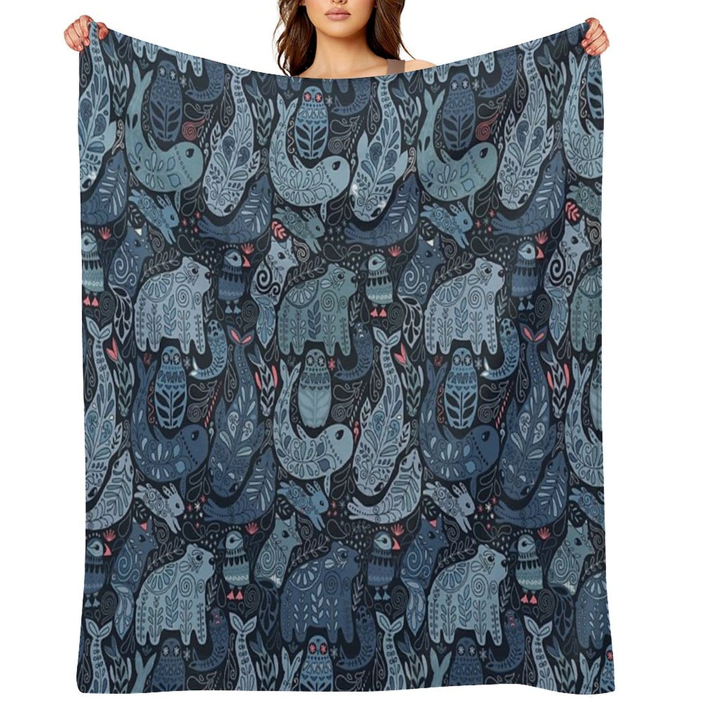Arctic Animals. Narwhal, Polar Bear, Whale, Puffin, Owl, Fox, Bunny, Seal. Throw Blanket
