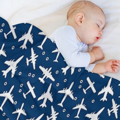 Blue And White Aeroplanes Silhouette Pattern Throw Blanket