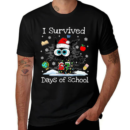 Funny Black Cat Christmas I Survived 67 Days of School  Cotton T-Shirt