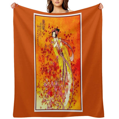 JAPANESE GEISHA PLAYING FLUTE Vintage Tourism Print Throw Blanket