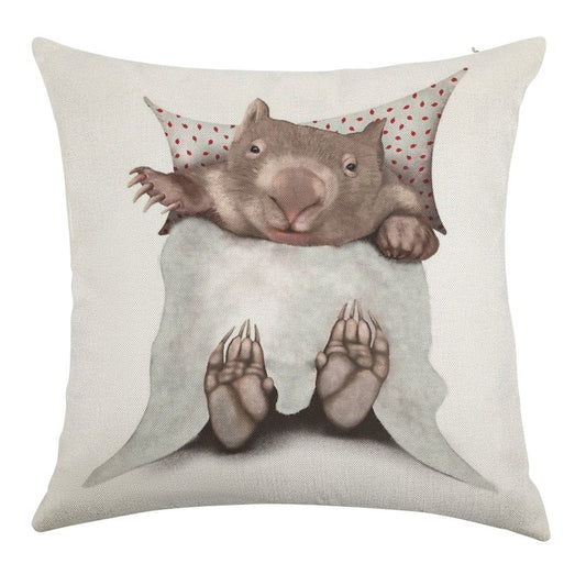 Wombat in Bed Linen Throw Pillow Cover