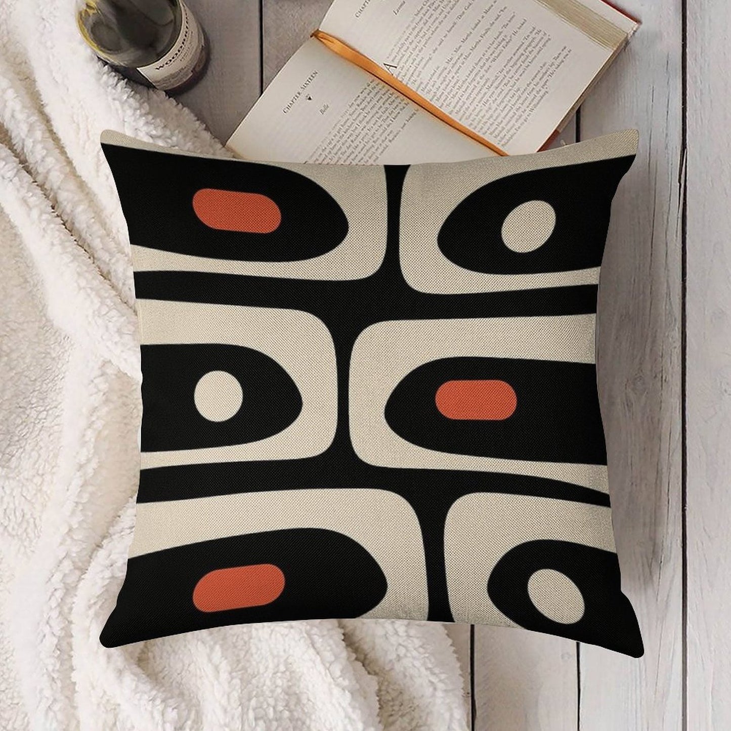 Mid Century Modern Piquet Abstract Pattern Black, Orange, And Almond Cream Linen Throw Pillow Cover