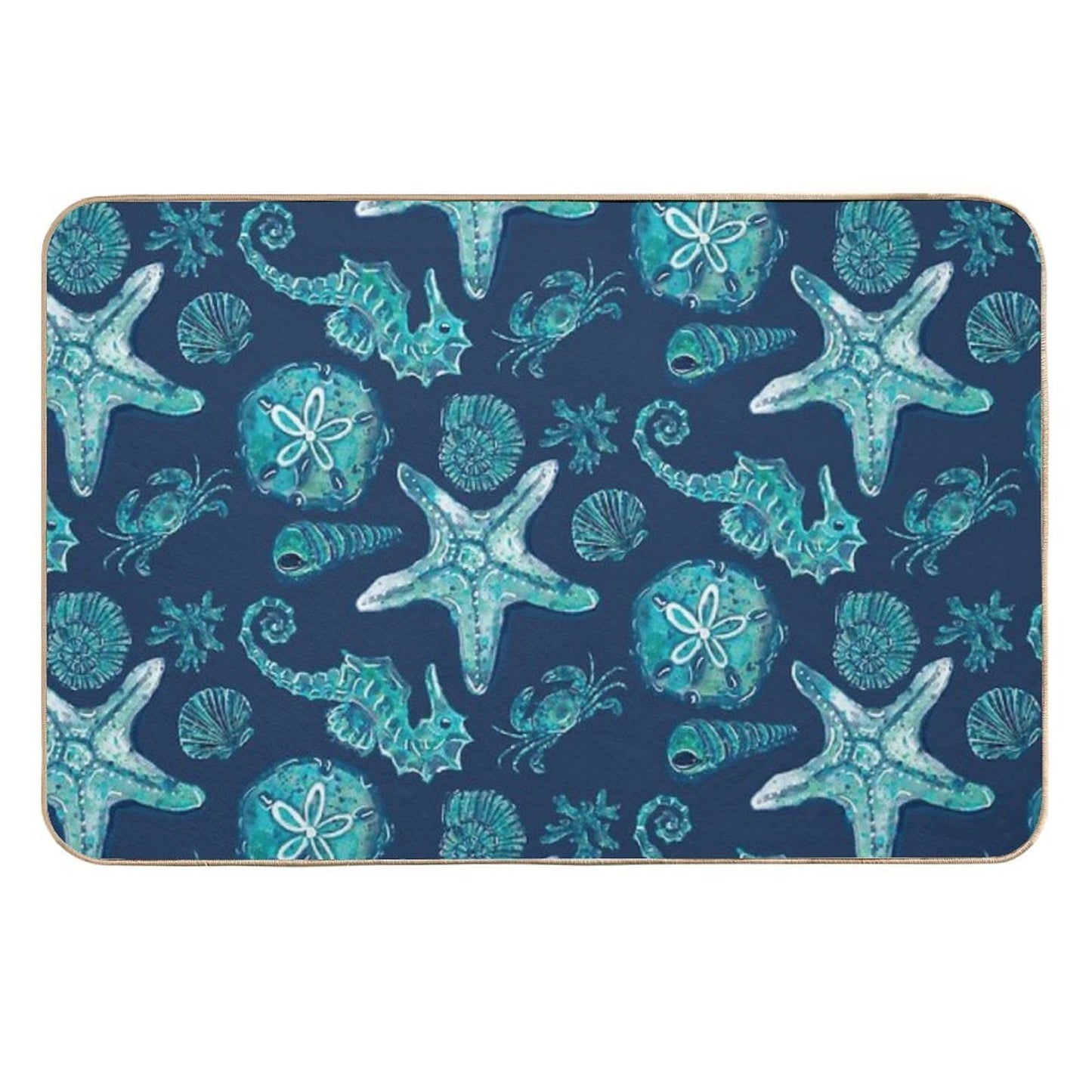 Watercolor Shells And Sea Creatures - Original Collection-on Navy Blue  Long-Lasting Bath Mat