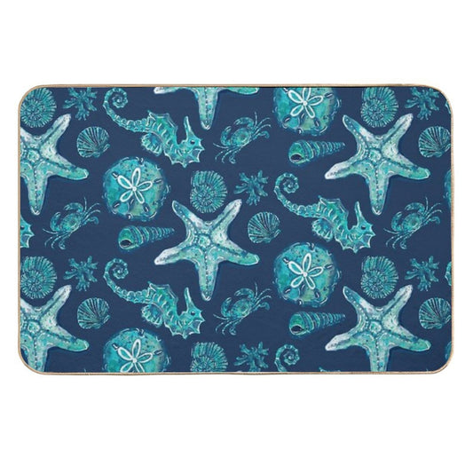 Watercolor Shells And Sea Creatures - Original Collection-on Navy Blue  Long-Lasting Bath Mat