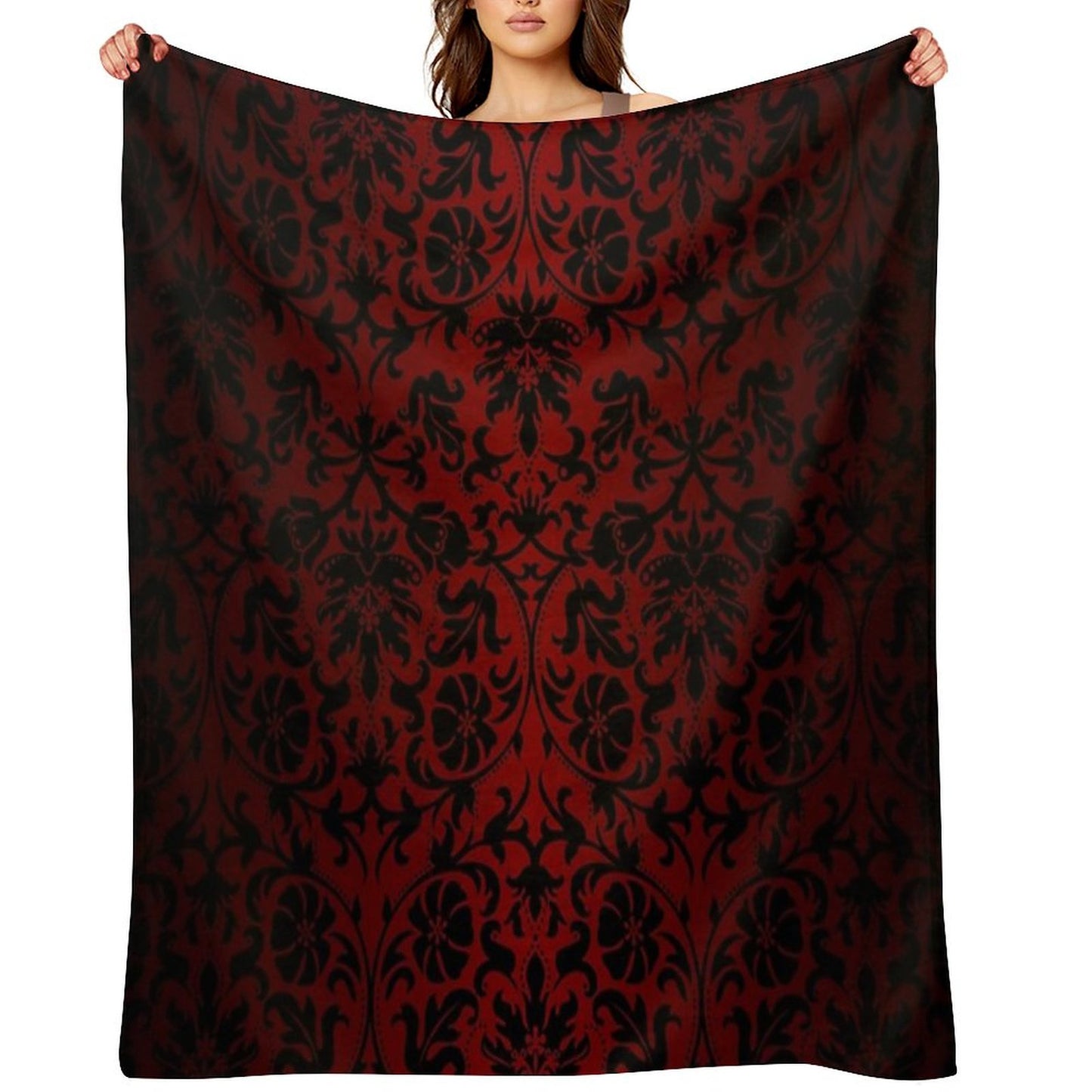 Dark Red And Black Damask Pattern Throw Blanket
