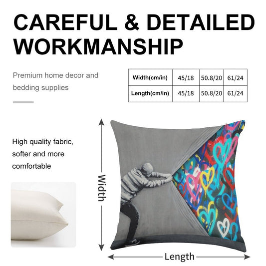 Behind The Curtain Graffiti Hearts Spray Paint Art Linen Throw Pillow Cover