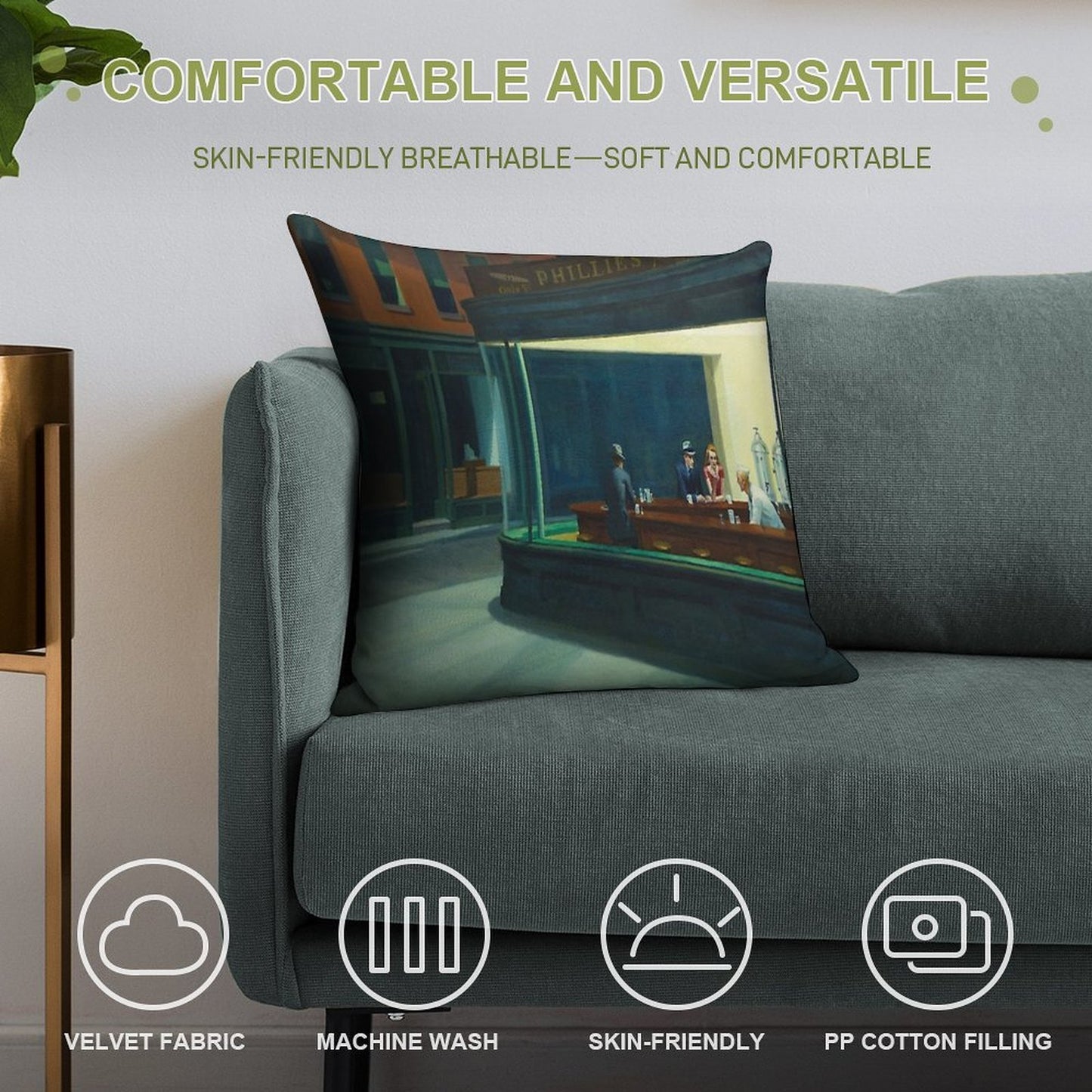 Edward Hopper - NightHawks, Art Reproduction Soft Warmth Comfort Throw Pillow