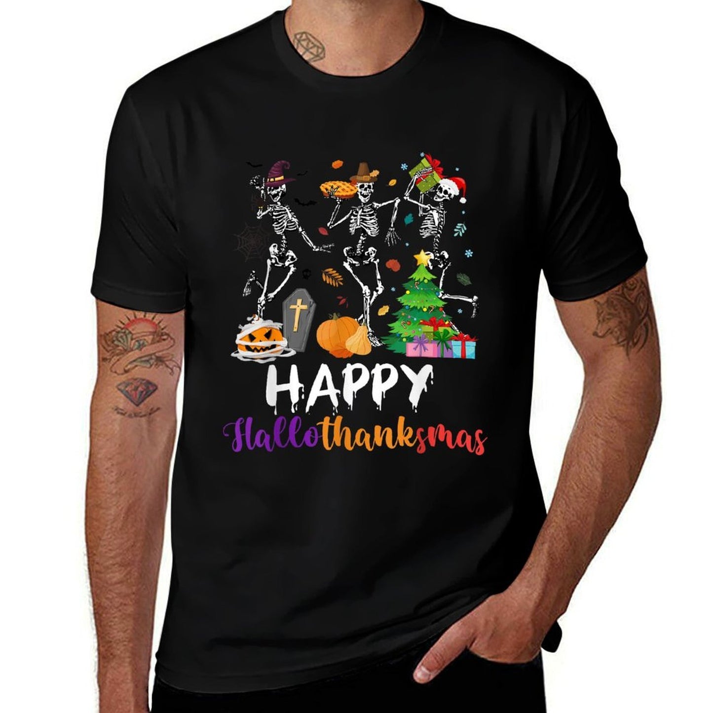Happy Hallothanksmas Skeleton Pumpkin Turkey Santa Dancing  Summer-ready Fabric T-Shirt