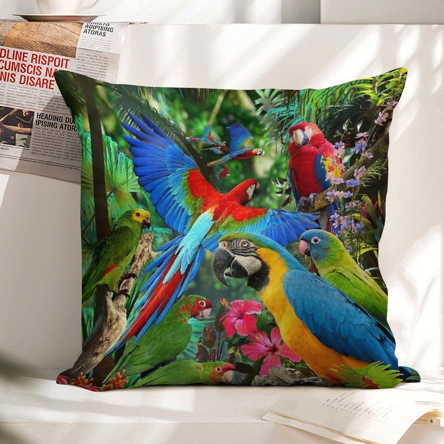 Parrots Linen Throw Pillow Cover
