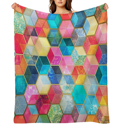 Crystal Bohemian Honeycomb Cubes - Colorful Hexagon Pattern Throw Blanket