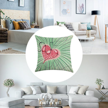Heart Design with Green Background Linen Throw Pillow Cover