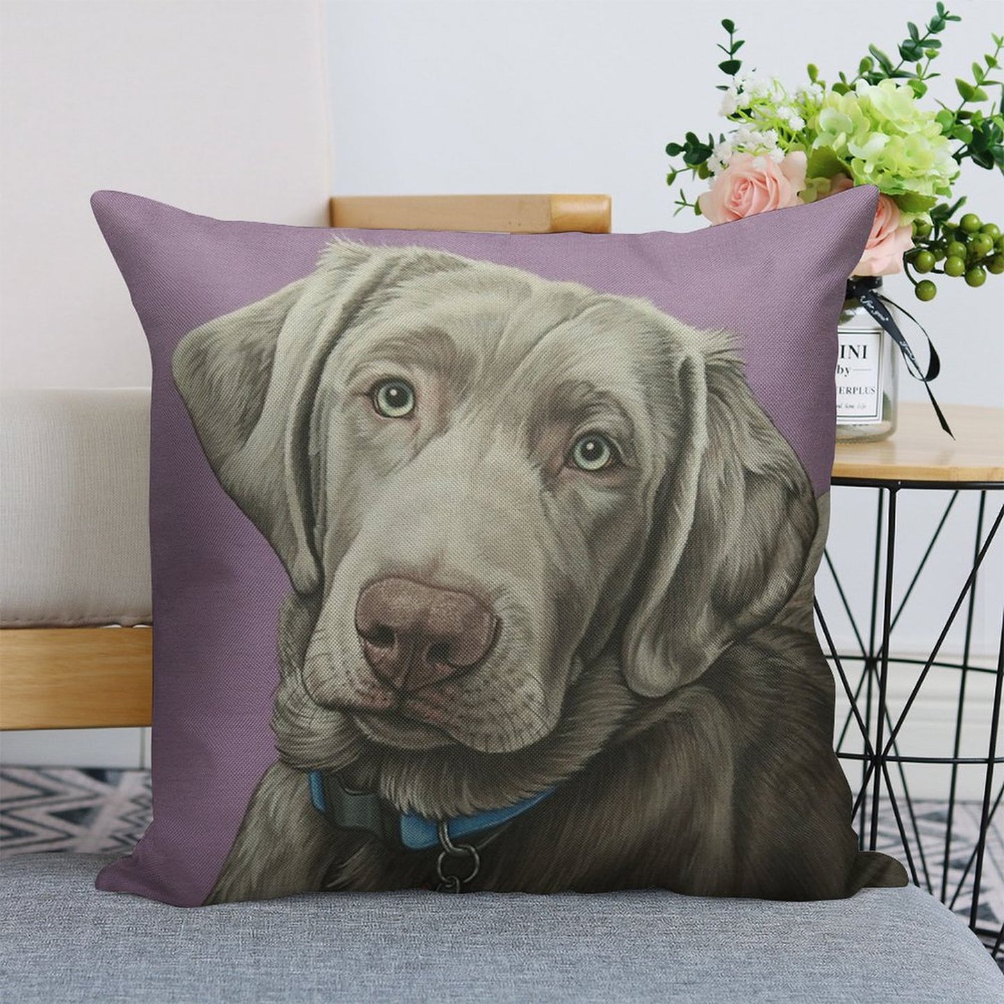 Sweet Silver Labrador Retriever Painting, Silver Lab Dog Puppy Art Linen Throw Pillow Cover