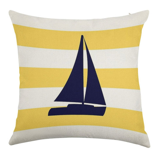 Nautical Navy Blue Sailboat On Mustard Yellow Stripes Linen Throw Pillow Cover