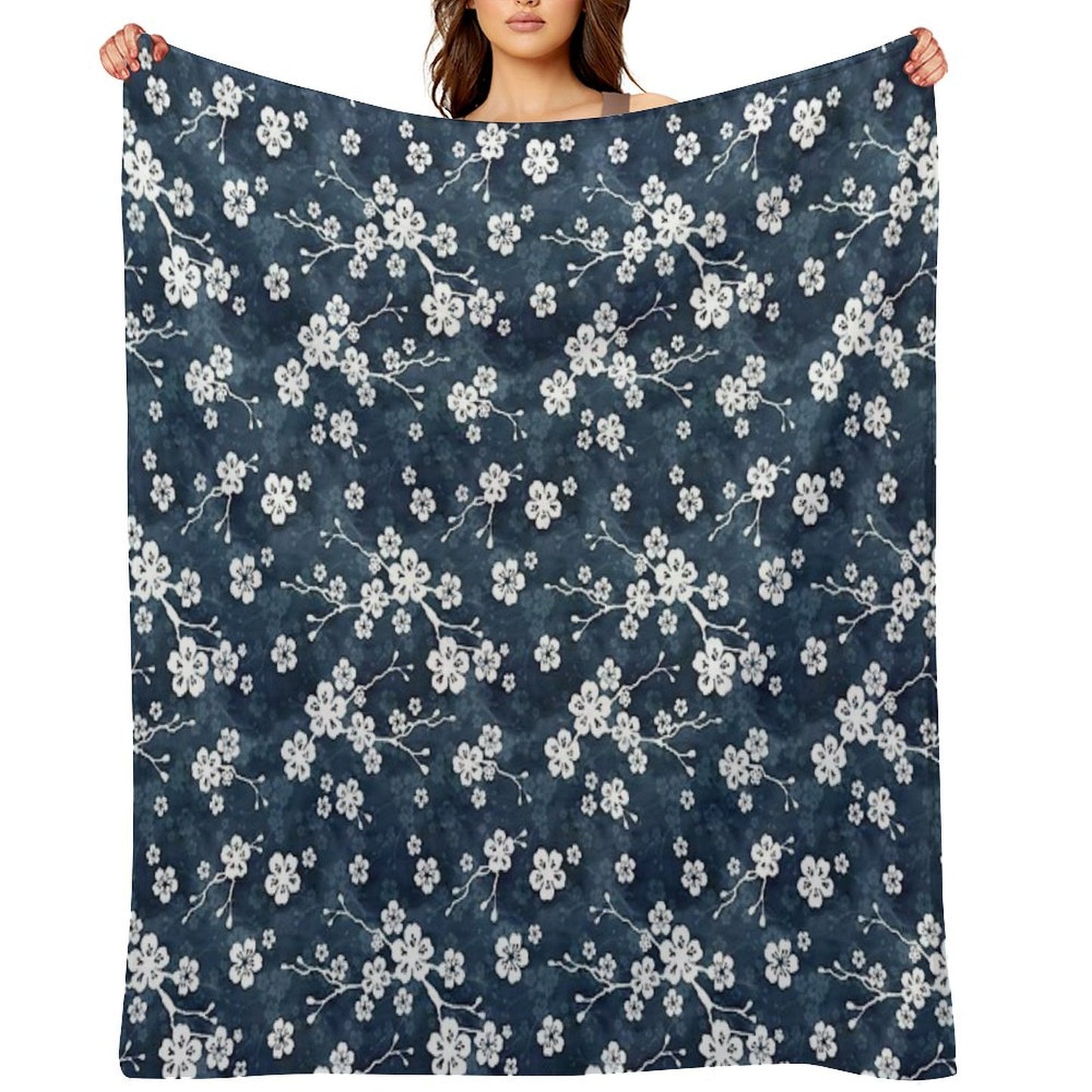 Navy And White Cherry Blossom Pattern Throw Blanket