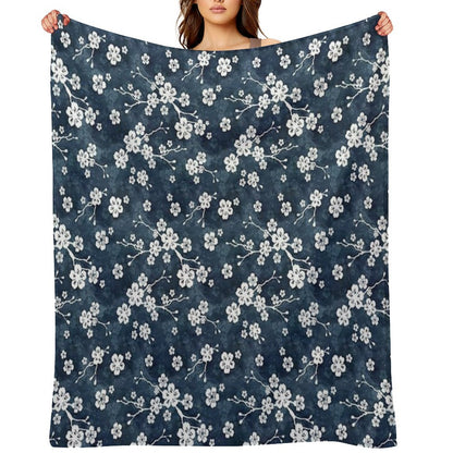 Navy And White Cherry Blossom Pattern Throw Blanket