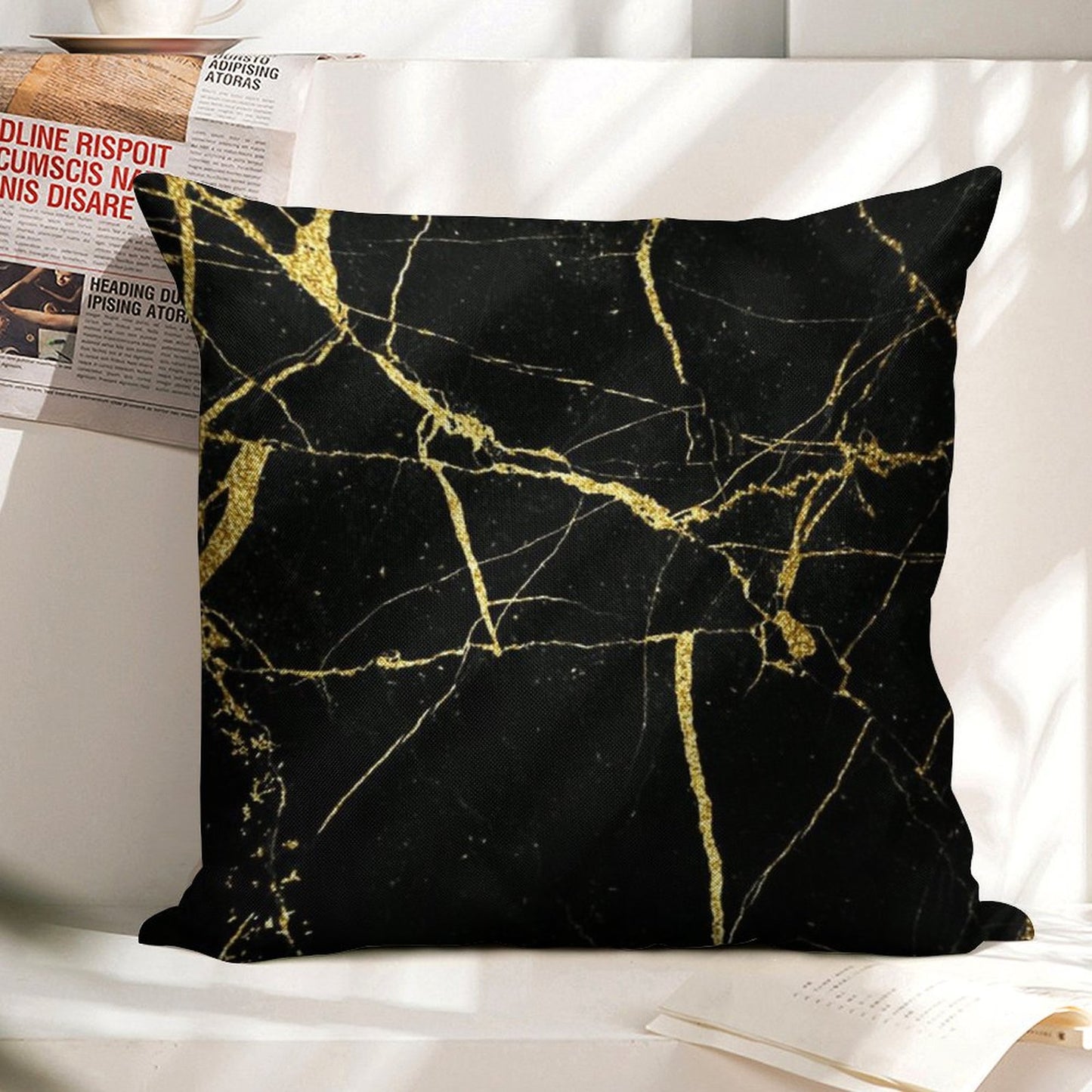 Luxe Black And Gold Marble Linen Throw Pillow Cover