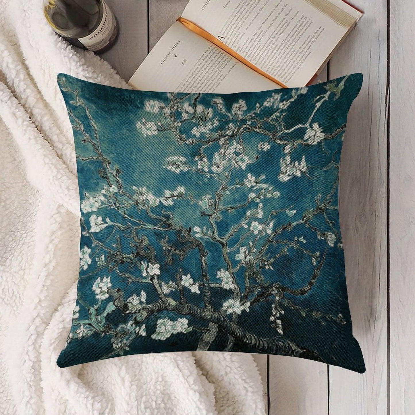 Van Gogh Almond Blossoms Dark Teal Linen Throw Pillow Cover