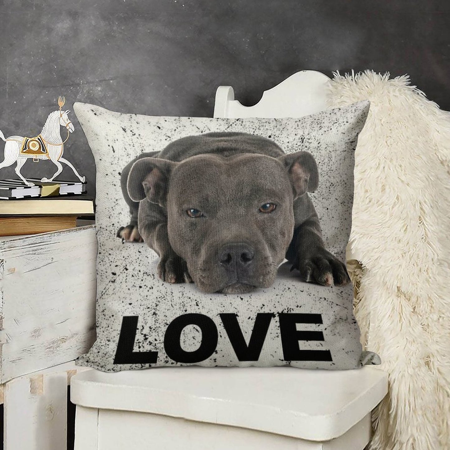 Love Is 4 Paws & Waggy Tail Blue Staffordshire Bull Terrier Linen Throw Pillow Cover