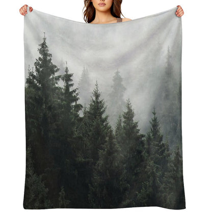 Waiting For  Misty Foggy Fairytale Forest With Cascadia Trees Covered In Magic Fog Throw Blanket