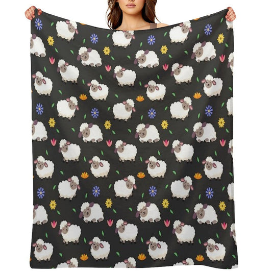 Sheeps And Flowers in Cartoon Style Throw Blanket