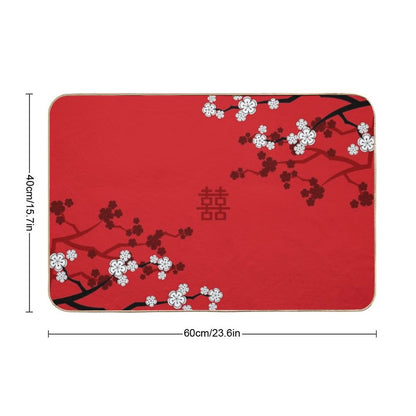 White Oriental Cherry Blossoms on Red And Chinese Wedding Double Happiness  Japanese Sakura © Fatfatin Bath Mat
