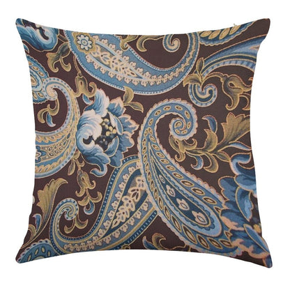 Blue Brown Vintage Paisley Linen Throw Pillow Cover