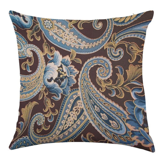 Blue Brown Vintage Paisley Linen Throw Pillow Cover