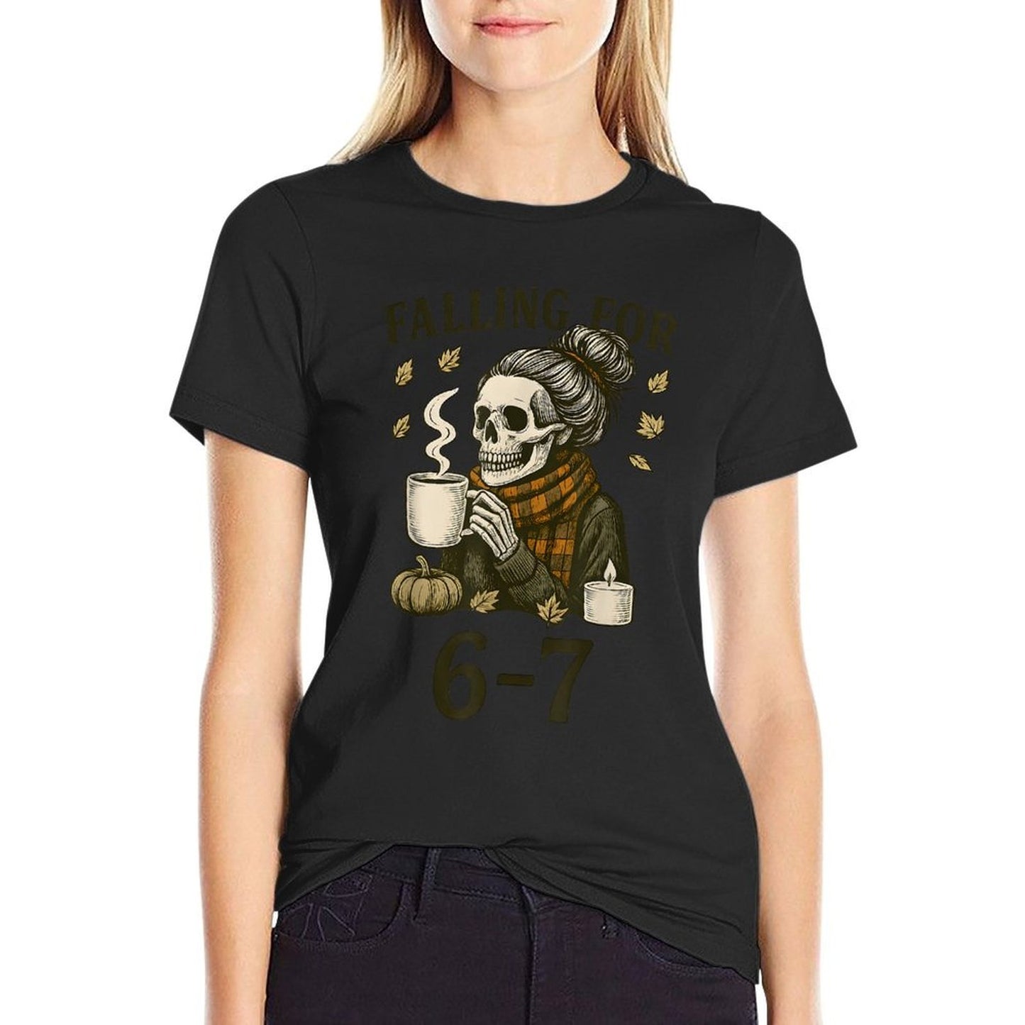 Funny 67 Skeleton Messy Bun Womens Fall Autumn Six Seven  Slim-fit Cut T-Shirt