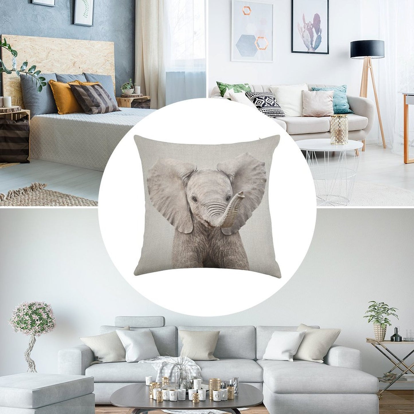 Baby Elephant - Colorful Linen Throw Pillow Cover