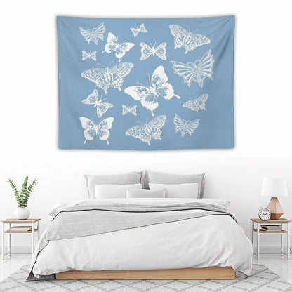 White Butterflies on Smoky Blue Grey Background Tapestry