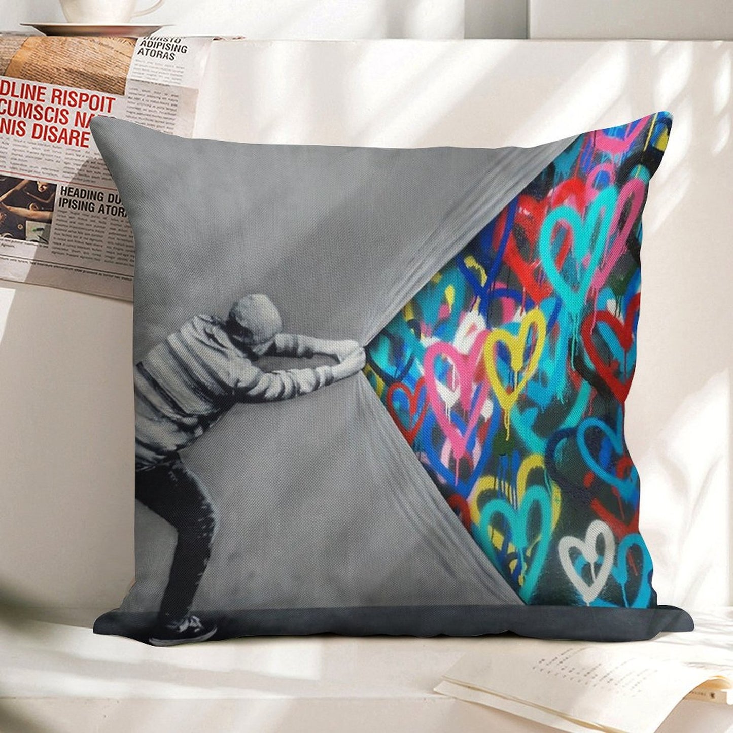 Behind The Curtain Graffiti Hearts Spray Paint Art Linen Throw Pillow Cover