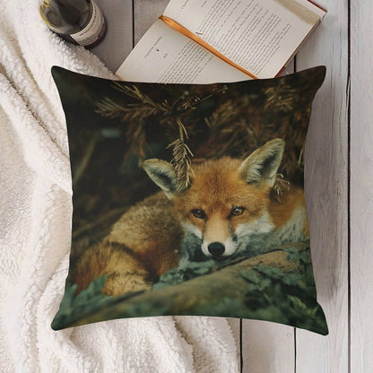 Red Fox in The Forest Linen Throw Pillow Cover