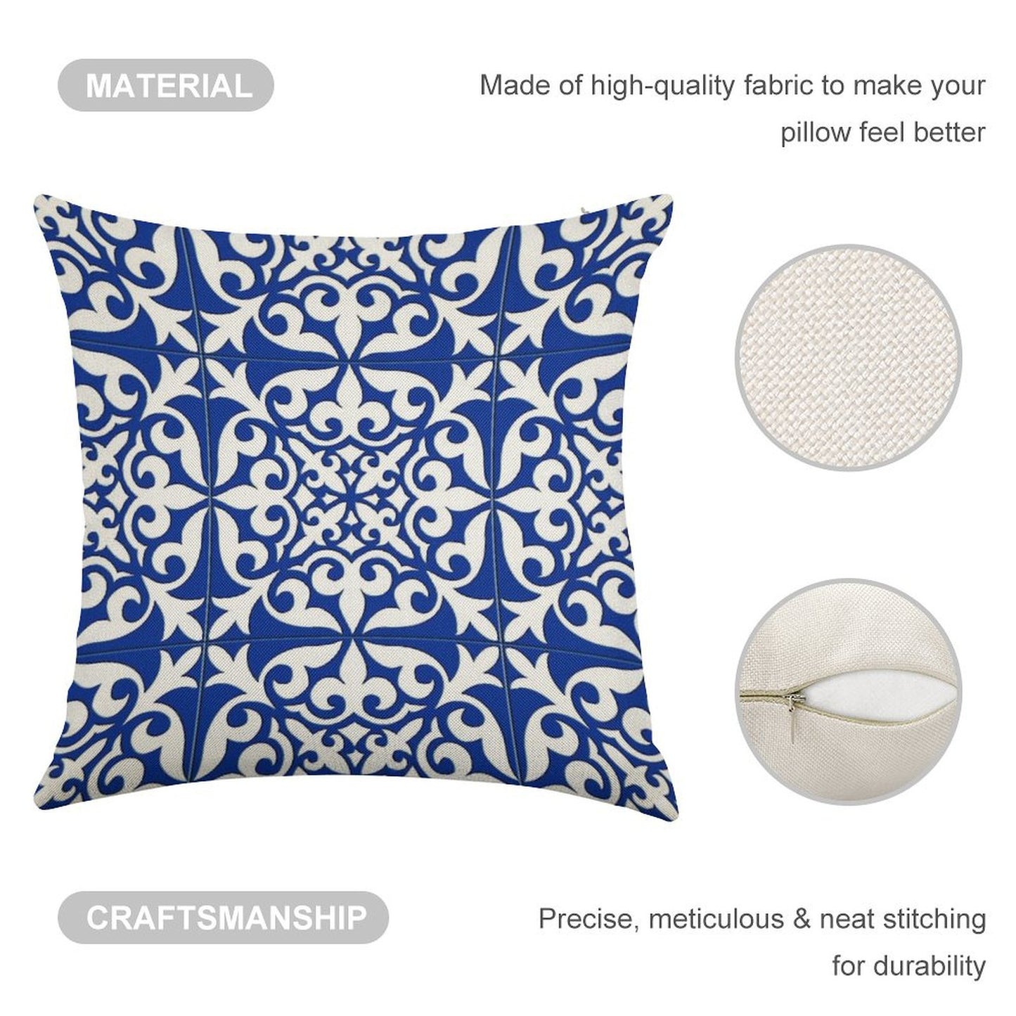 Moroccan Tile - Cobalt Blue Linen Throw Pillow Cover
