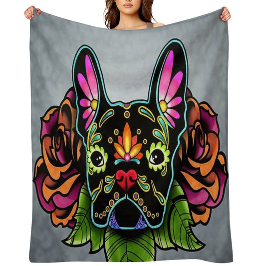 Day of The Dead French Bulldog in Black Sugar Skull Dog Throw Blanket