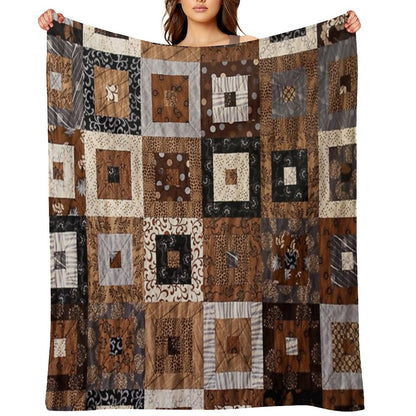 Classic Retro Brown Quilted Patchwork Quilting Pattern Mosaic Motif Throw Blanket