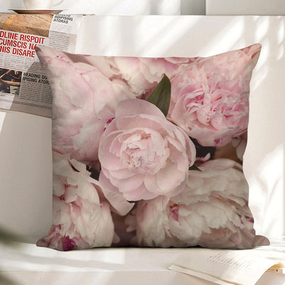 Pink Peony Flowers Linen Throw Pillow Cover
