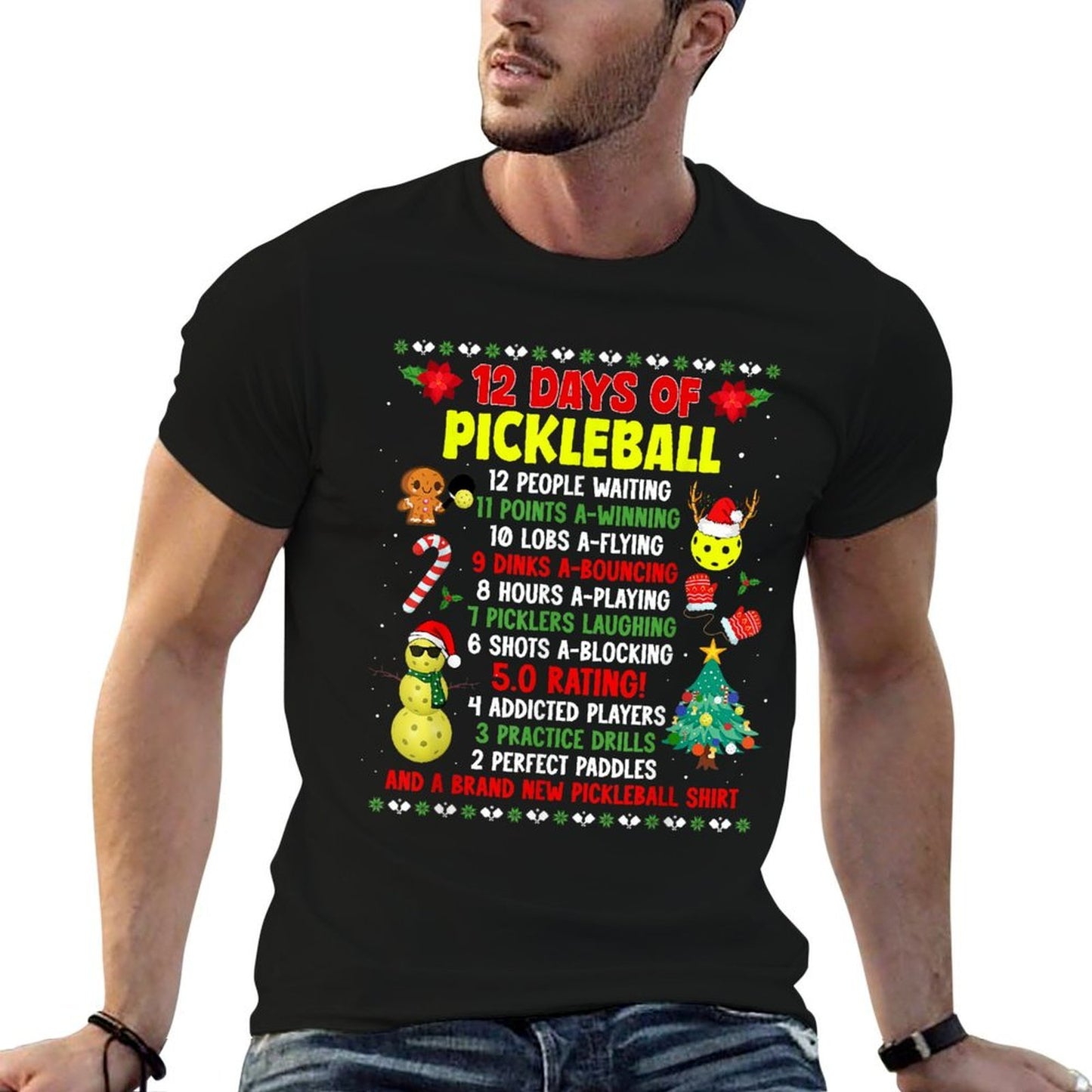 12 Days Of Pickleball Christmas Players Holiday Season  Heathered Texture T-Shirt
