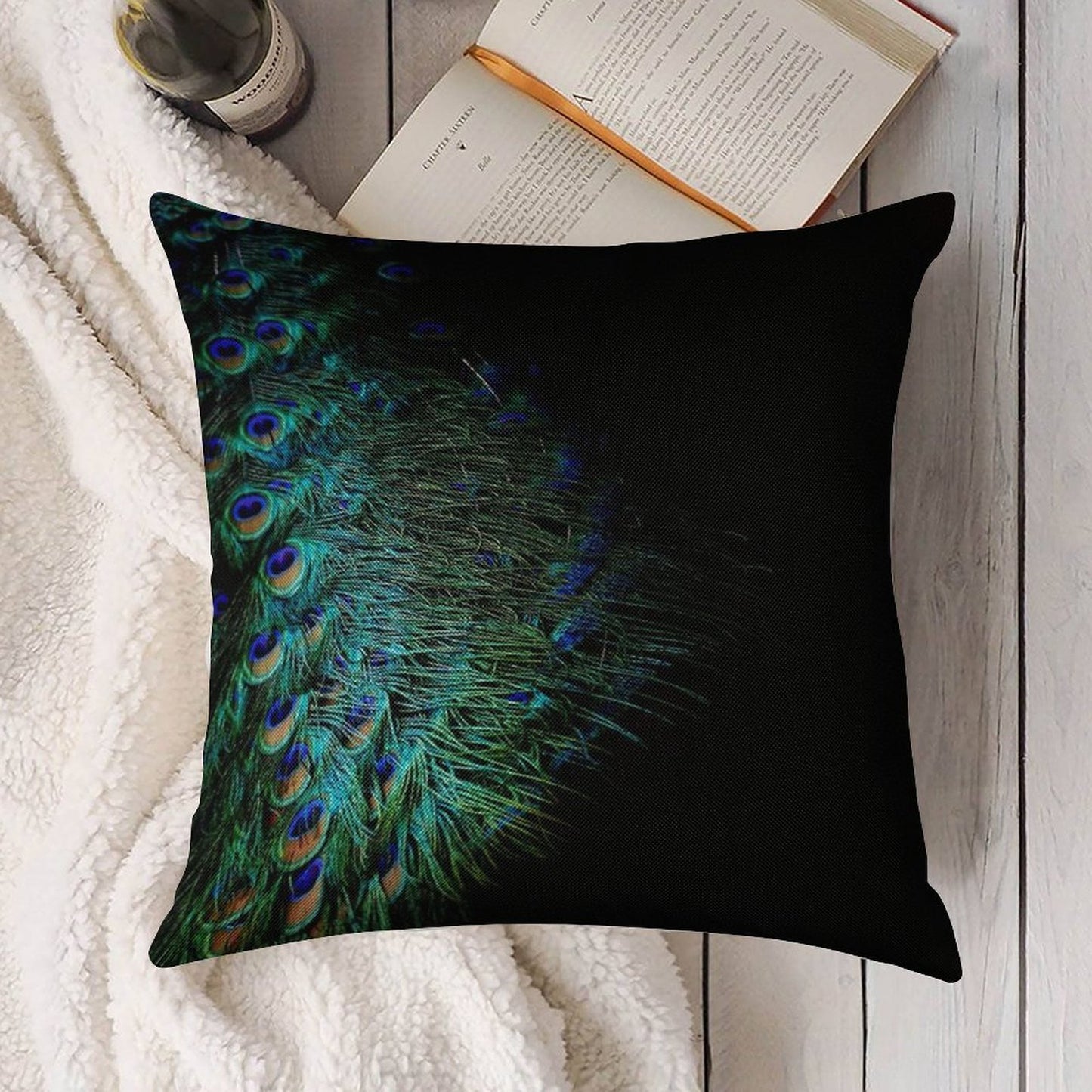 Peacock Feathers on A Black Background Linen Throw Pillow Cover