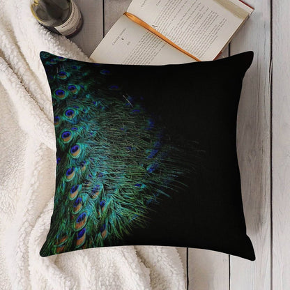 Peacock Feathers on A Black Background Linen Throw Pillow Cover