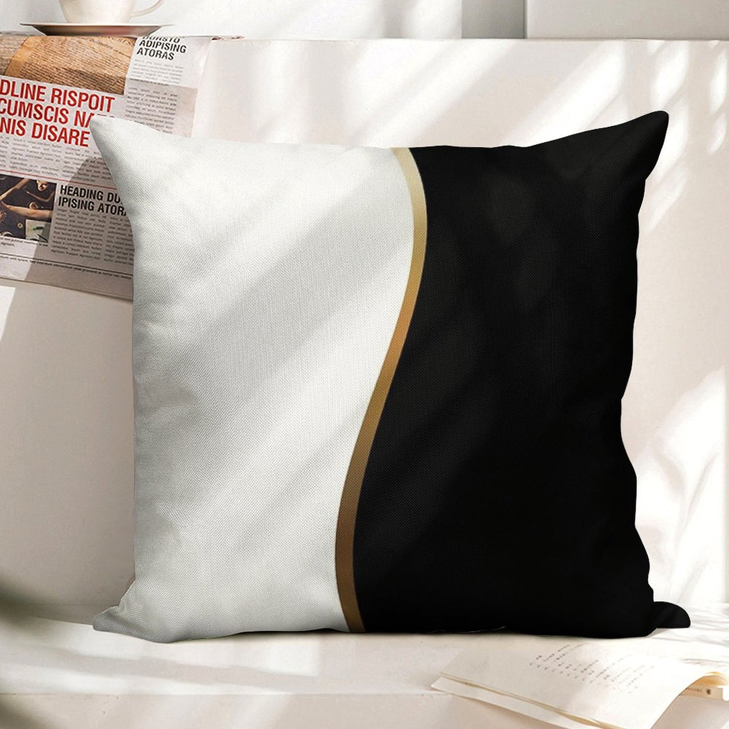 Black And White, Gold Wave Linen Throw Pillow Cover