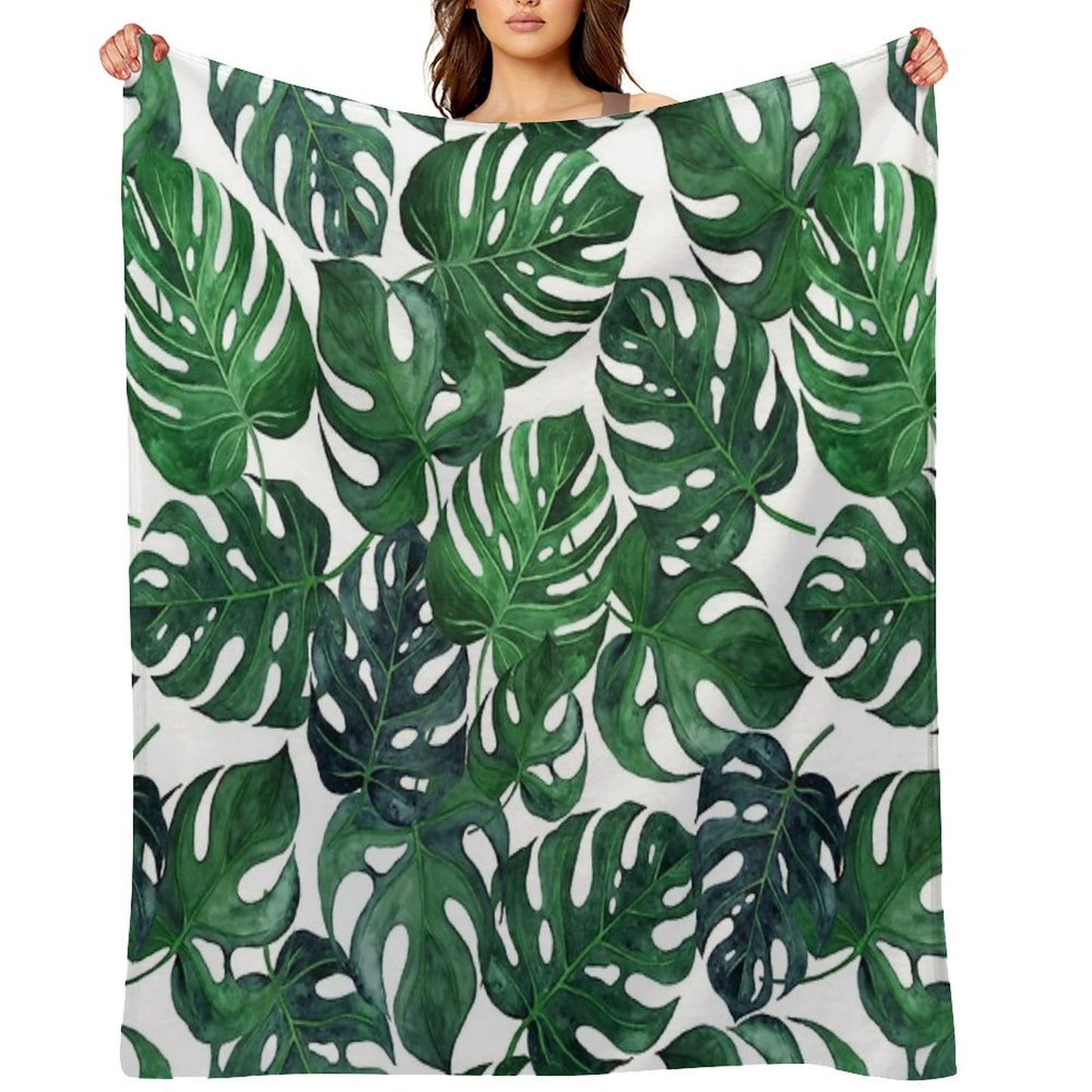 Tropical Monstera Leaves - Dark Emerald Green Throw Blanket