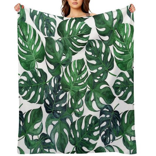 Tropical Monstera Leaves - Dark Emerald Green Throw Blanket