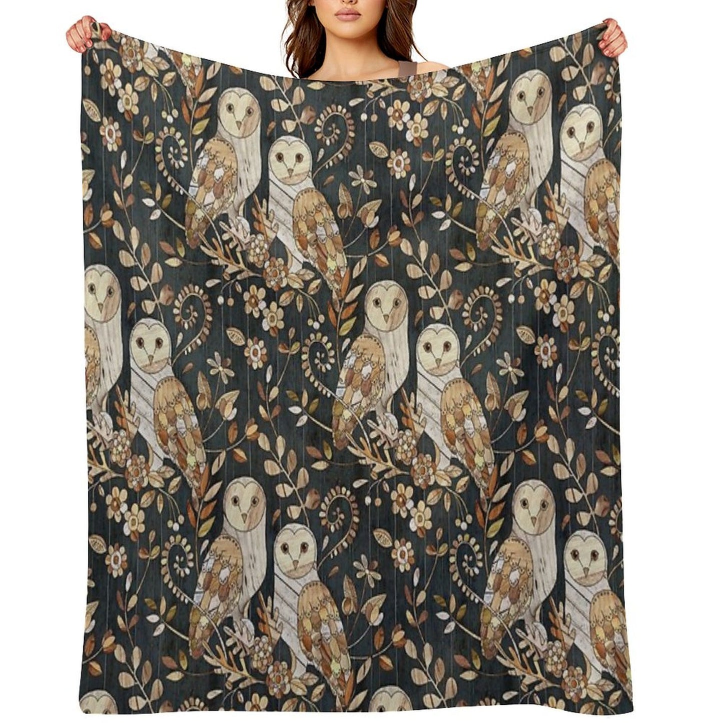 Wooden Wonderland Barn Owl Collage Throw Blanket