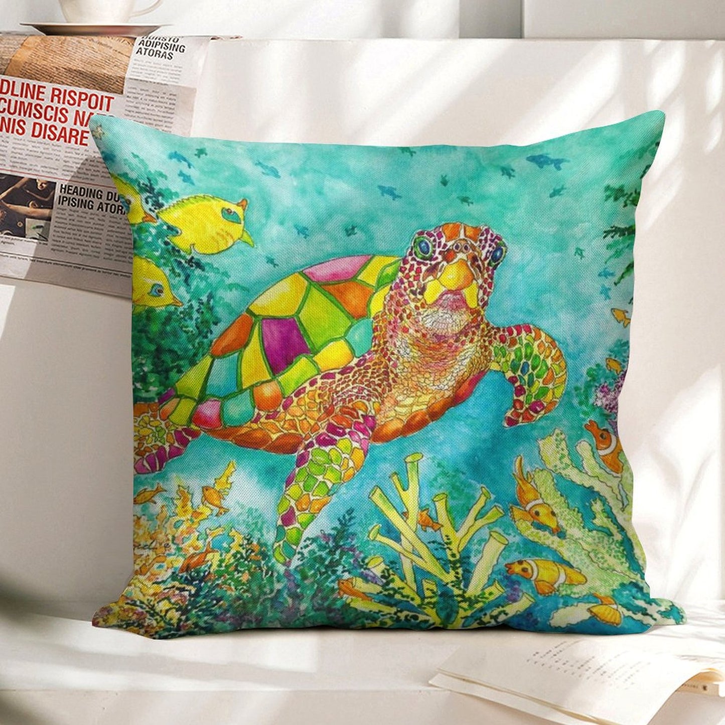 Colorful Watercolor Sea Turtle Linen Throw Pillow Cover